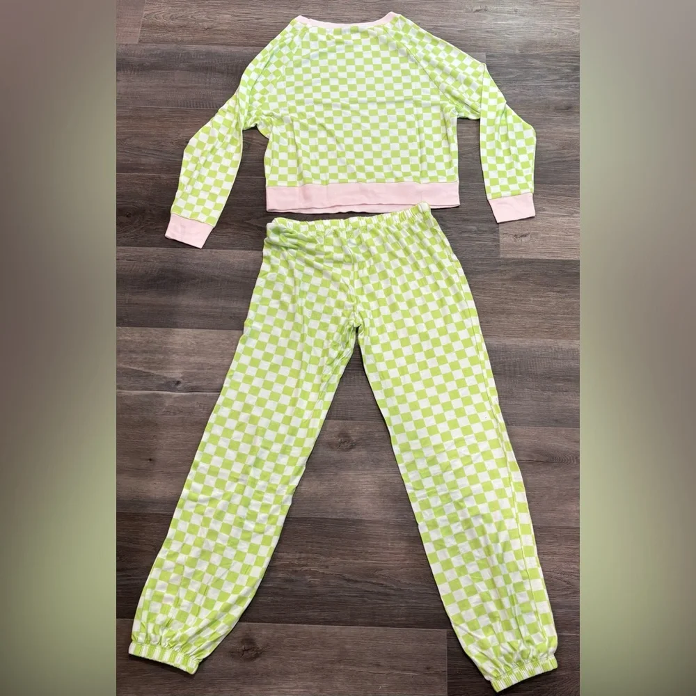 New Honeydew Womens Long Sleeve Check Pajama Shirt Pants Set Green White Size XS